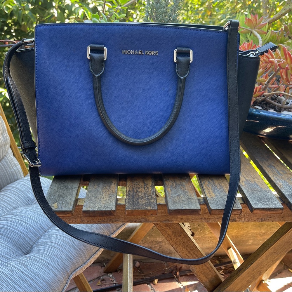 Michael Kors Selma Leather Color Block Blue Black Satchel Handbag Medium